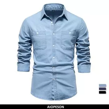 Новинка 2023 года, осенняя мужская джинсовая рубашка, хлопковые эластичные повседневные узкие джинсовые рубашки с двойными карманами в социальном стиле для мужчин S 55-65 kg чёрный