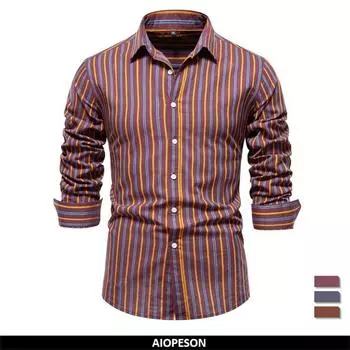Новинка 2023 года, осенняя полосатая рубашка из 100% хлопка для мужчин, с длинным рукавом и отложным воротником, социальные мужские рубашки, классическая деловая мужская одежда M 70-80 kg коричневый