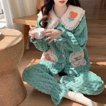 Новинка 2023 года, плюшевые пижамы для девочек, женская зимняя одежда для сна, удобная и теплая домашняя одежда, одежда для дома с кукольным воротником, комплект из двух предметов M зелёный
