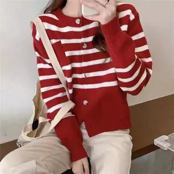 Новинка 2023 года, полосатый свитер, пальто, женский вязаный модный кардиган, свободный осенний утолщенный топ M чёрный