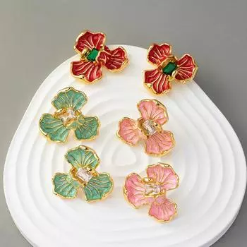 Новинка 2023 года, ретро серьги с эмалью ириса и цирконом, латунные гальванические серьги из 18-каратного золота, модные нежные серьги-гвоздики