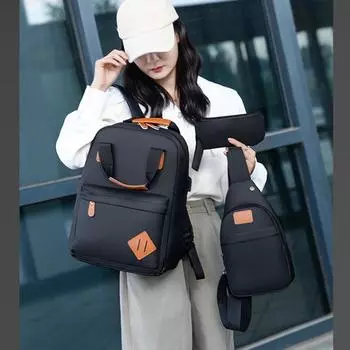 Новинка 2023 года, рюкзак Оксфорд, комплект из трех предметов с зарядкой через USB, дорожная сумка, унисекс, деловая сумка для компьютера, большая вместительная сумка для книг для отдыха чёрный