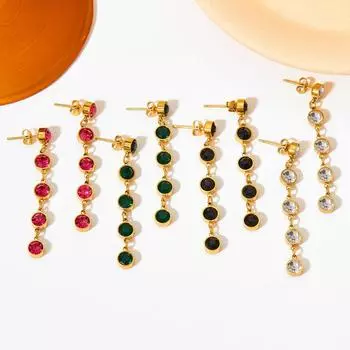 Новинка 2023 года, серьги из нержавеющей стали с кисточками, длинные изумрудные круглые серьги-капли с цирконом, нежные серьги для девочек