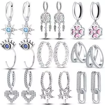 Новинка 2023 года, серьги из стерлингового серебра 925 пробы, серьги-кольца с цветком и гептаграммой, модные женские ювелирные изделия своими руками