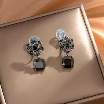 Новинка 2023 года, серьги-клипсы без ушей, черные стразы, черные серьги с камелией, женские серьги-клипсы в стиле ретро