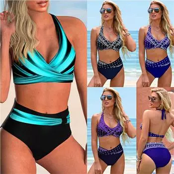 Новинка 2023 года, сексуальный купальник больших размеров с высокой талией и принтом, женский комплект бикини, пляжная одежда, купальный костюм с пуш-ап, женские купальники из двух предметов