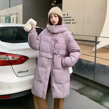 Новинка 2023 года, свободный утолщенный женский пуховик средней длины с роговой пряжкой и капюшоном M чёрный