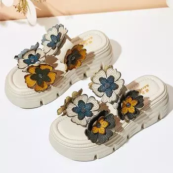 Новинка 2023 года, тапочки на платформе с цветочным рисунком, летние женские туфли на платформе для отдыха, новые тапочки, роскошные элегантные сандалии, обувь 34 белый