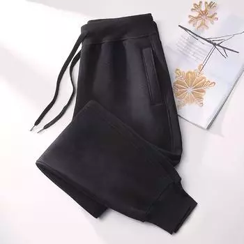 Новинка 2023 года, винно-красные велюровые спортивные брюки с высокой талией и подкладкой, женские хлопковые стильные спортивные брюки, женские весенне-осенние повседневные брюки Unpatterned-Black XL