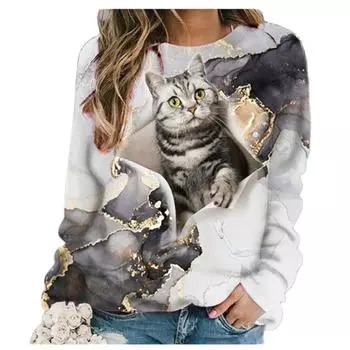 Новинка 2023 года, женская футболка с 3D-принтом, великолепная анимационная футболка с круглым вырезом и длинными рукавами, модная повседневная уличная одежда с котенком, Animal Dream, большая Ootd 4XL