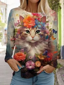 Новинка 2023 года, женская футболка с длинным рукавом и 3D-принтом, с круглым вырезом, модная повседневная уличная одежда большого размера с принтом L