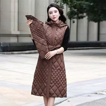 Новинка 2023 года, женская легкая шапка и пуховая одежда с рукавами, женская средняя длина, приталенная тонкая хлопковая ткань L фиолетовый