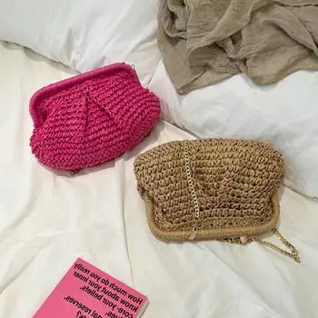 Новинка 2023 года, женская сумка через плечо с подушкой и пельменями, сумка через плечо ручной работы, плетенная лоза, летняя пляжная сумка на цепочке хаки