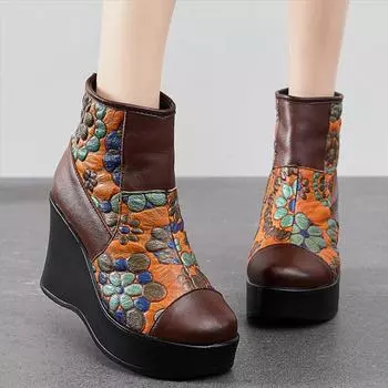 Новинка 2023 года, женские ботинки, женская обувь из натуральной кожи, зимние ботинки на танкетке с круглым носком, ботильоны ручной работы для отдыха на платформе 35 чёрный