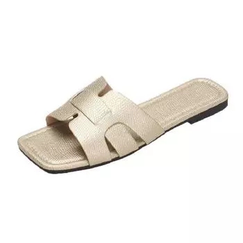 Новинка 2023 года, женские повседневные тапочки, тапочки с квадратной головкой и плоской подошвой, пляжная обувь большого размера для ленивых, уличная домашняя женская обувь 35