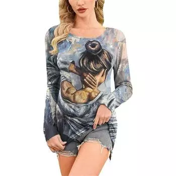 Новинка 2023 года, женский новый пуловер с круглым вырезом, футболка с длинными рукавами и 3D масляной живописью, мягкая и удобная модная одежда XL