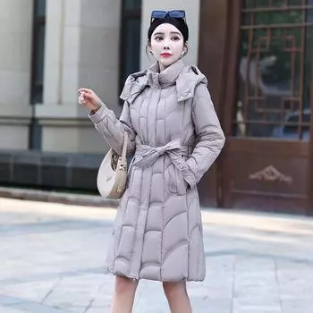 Новинка 2023 года, женский пуховик средней длины, тонкая зимняя утолщенная теплая куртка L чёрный