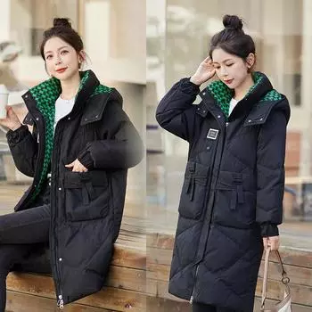 Новинка 2023 года, женский пуховик средней длины с капюшоном и цветными блоками, повседневное модное толстое пальто Tide M белый