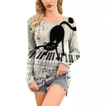 Новинка 2023 года, женский пуловер с круглым вырезом, футболка с длинными рукавами и 3D принтом черной кошки, мягкая и удобная модная одежда M