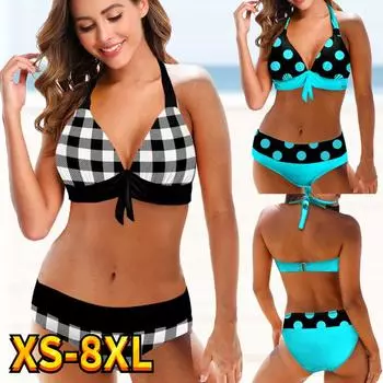 Новинка 2023 года, женский сексуальный купальник со средней талией, комплект бикини с решетчатым принтом, комплект из двух предметов, танкини, женские летние бразильские купальники XL