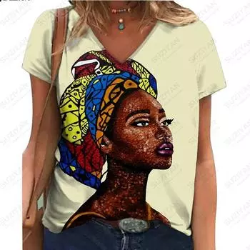 Новинка 2023 года, женский топ, футболка, свободный удобный топ с v-образным вырезом, летний крутой 3D-принт, оригинальный, простой, африканская красота, очень большой размер 4XL