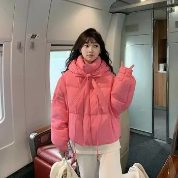 Новинка 2023 года, зимний пуховик с узлом, модное маленькое пальто с капюшоном и подкладкой S