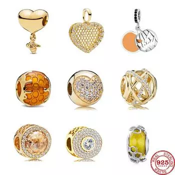 Новинка 2023 года, золотые медовые бусины в форме сердца в форме сот, подходят оригинальные модные подвески, серебряный браслет 925, браслет «сделай сам», женские ювелирные изделия Berloque