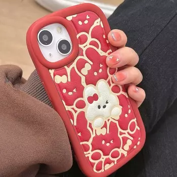 Новинка 2023, кожаный рельефный 3d милый чехол с изображением красного кролика для Iphone 13 12 11 Promax 14 Pro Max Plus, задняя крышка, чехол For iphone 14plus