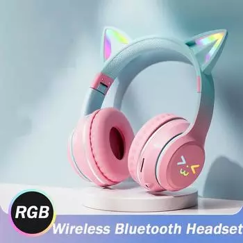 Новинка 2024 года, беспроводные наушники с цветной подсветкой Cute Cat, Bluetooth 5.1, стерео музыкальные игровые гарнитуры для девочек, детская подарочная гарнитура с микрофоном розовый