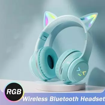 Новинка 2024 года, беспроводные наушники с цветной подсветкой Cute Cat, Bluetooth 5.1, стерео музыкальные игровые гарнитуры для девочек, детская подарочная гарнитура с микрофоном зелёный