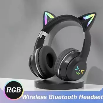 Новинка 2024 года, беспроводные наушники с цветной подсветкой Cute Cat, Bluetooth 5.1, стерео музыкальные игровые гарнитуры для девочек, детская подарочная гарнитура с микрофоном чёрный