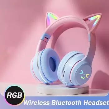 Новинка 2024 года, беспроводные наушники с цветной подсветкой Cute Cat, Bluetooth 5.1, стерео музыкальные игровые гарнитуры для девочек, детская подарочная гарнитура с микрофоном синий