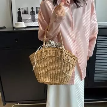 Новинка 2024 года, большая сумка из травяной ткани, женская пляжная сумка, плетеная сумка в форме клецок на шнурке с подарочной корзиной для рук