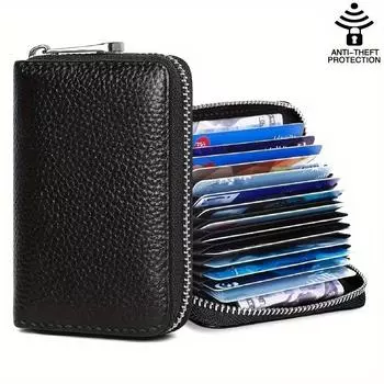 Новинка 2024 года, держатель для кредитных карт с защитой от кражи, двухслойный кошелек для кредитных карт из натуральной кожи с застежкой-молнией, 14 слотов для карт black