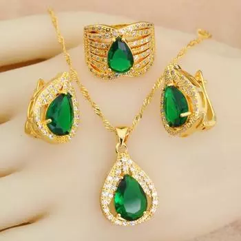 Новинка 2024 года для женщин, комплекты свадебных украшений с покрытием из 18-каратного золота, серьги с каплями воды и кристаллами, ожерелье, кулон, кольцо, свадебный подарок 6 зелёный