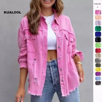 Новинка 2024 года, джинсовое пальто средней длины с перфорацией для женщин, осенне-зимний повседневный топ с откидным воротником и длинными рукавами S розовый