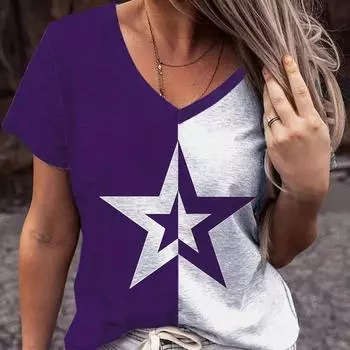 Новинка 2024 года, футболка со звездным принтом для женщин, топ больших размеров, оригинальные футболки, летняя женская трендовая одежда, рубашка с короткими рукавами, блузка с v-образным вырезом S