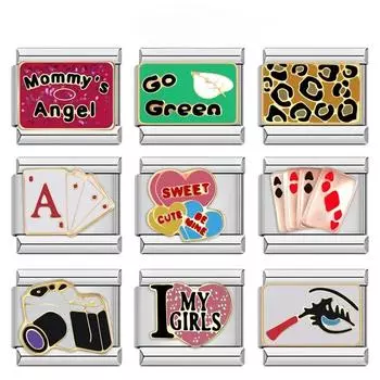 Новинка 2024 года, хит продаж, цветная глазурь, камера для покера, подвесные звенья, подходят для браслета 9 мм, изготовление ювелирных изделий своими руками из нержавеющей стали DJ736-A