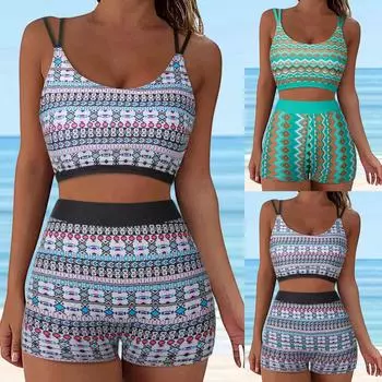 Новинка 2024 года, комплект бикини из двух предметов, нижнее белье с рисунком, жилет, купальник, узкие шорты с высокой талией и пуш-ап, отдельный купальник S синий