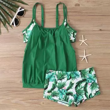 Новинка 2024 года, комплект из двух предметов, женский повседневный комплект танкини с тропическим принтом, комплект купальника, регулируемые подтяжки с эластичными шортами L чёрный