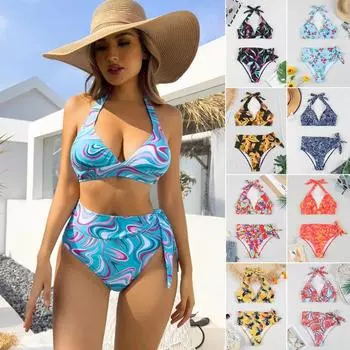 Новинка 2024 года, купальный костюм для женщин, бикини с разноцветным принтом и высокой талией, с разрезом на талии и завязками, сексуальное бикини с подвесным вырезом, школьный купальник S
