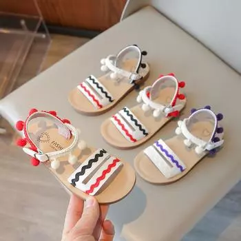 Новинка 2024 года, летние детские пляжные туфли без шнуровки с открытым носком, модные сандалии принцессы на мягкой подошве в этническом стиле 21 красный