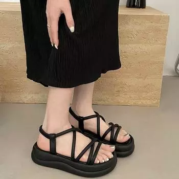 Новинка 2024 года, летние модные римские женские сандалии на толстой подошве, увеличивающие рост, известные в Интернете 35 чёрный