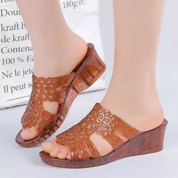 Новинка 2024 года, летние сандалии, женские сандалии на высоком каблуке из пластика с кристаллами, женские сандалии на толстой подошве, уличные нескользящие универсальные сандалии на каблуке 36 серебряный