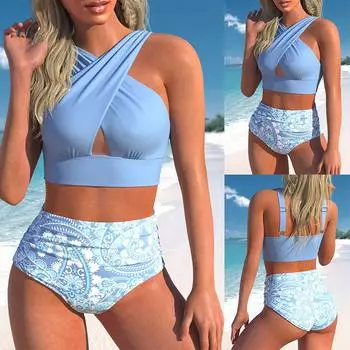 Новинка 2024 года, летние женские модные пляжные купальники, танкини, монокини, купальник из двух предметов, новый пляжный купальник с принтом, женские танкини S синий