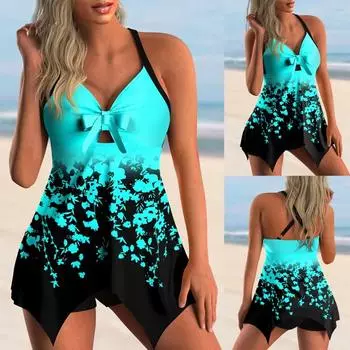 Новинка 2024 года, летние женские модные пляжные купальники, танкини, монокини, купальник из двух предметов, новый пляжный купальник с принтом, женские танкини S синий