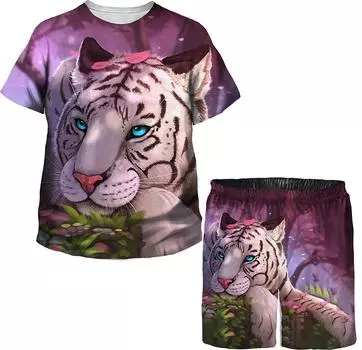 Новинка 2024 года, летний костюм для мальчиков и девочек, детская футболка с рисунком льва, шорты, одинаковая одежда, одежда для малышей с 3D принтом, детский комплект из 2 предметов