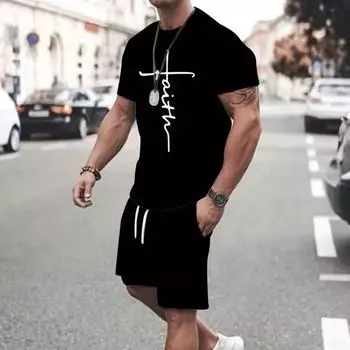 Новинка 2024 года, летний мужской костюм, уличная мода, свободная и удобная футболка, спортивные шорты для спорта на открытом воздухе, шорты для фитнеса, принта текста M