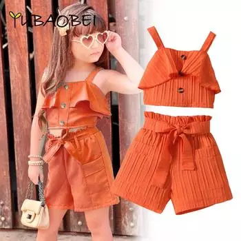 Новинка 2024 года, летний однотонный плиссированный топ с бретелькой на бретельках для девочек + шорты, повседневный костюм с поясом, детская одежда, детский пляжный праздничный наряд 4T фиолетовый