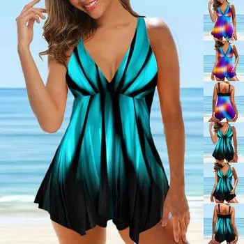 Новинка 2024 года, летний женский обычный пляжный комплект танкини, купальник-монокини, купальник из двух предметов, модный купальник танкин с принтом S синий